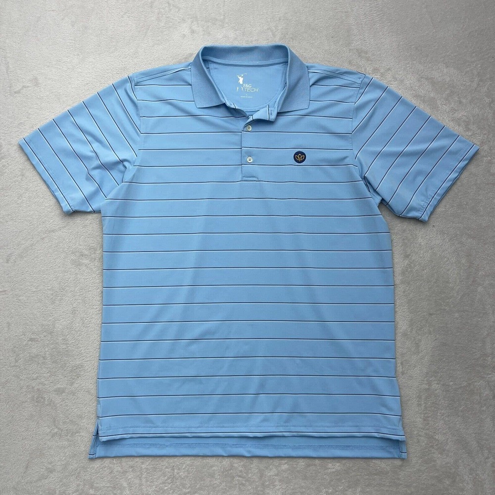 F&G Tech Polo Shirt Mens Large Blue Striped Lightweight Golf Performance